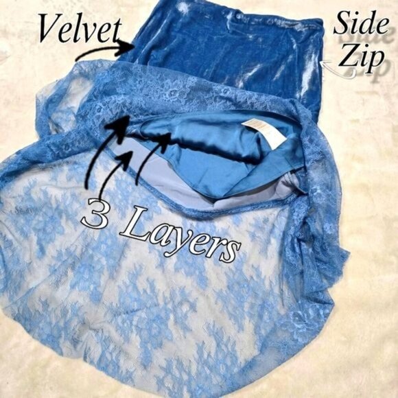 Free People ✦ My Lacey Velvet Midi Skirt ✦ Blue Asymmetrical Lace Hem Side Zip - Picture 5 of 16